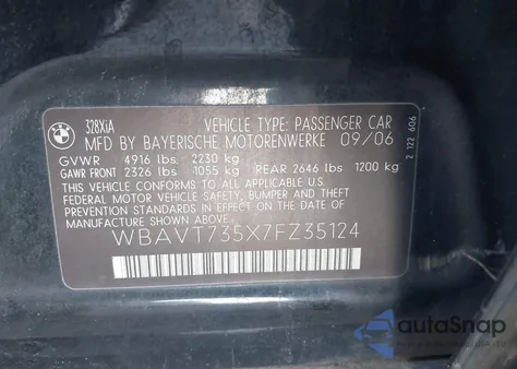 2007 BMW 328Xi из США, поврежденный, VIN WBAVT735X7FZ35124